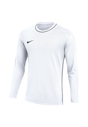 Langärmliges weißes Sporttrikot mit schwarzem Nike-Logo auf der Brust und dünner schwarzer Borte am Kragen und an den Seiten.