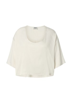 Weißes, kurzärmliges, kurz geschnittenes Top mit rundem Ausschnitt und lockerem Sitz, mit Drykorn-Label am hinteren Kragen.