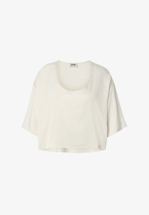 Witte cropped top met korte mouwen, ronde halslijn en losse pasvorm, met een Drykorn-label aan de achterkraag.