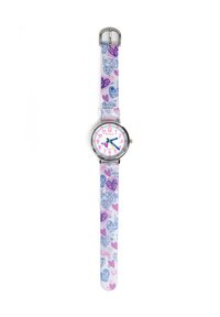 Montre numérique colorée avec un cadran rond blanc, des accents rose et bleu, et un bracelet transparent décoré de cœurs variés et du mot "amour".