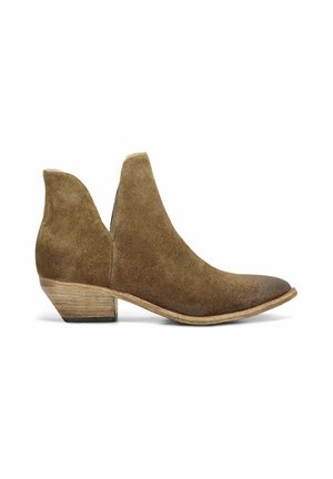 Stivaletto in suede marrone con tacco basso impilato in legno e punta appuntita, mostrato di profilo su sfondo bianco.