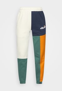 Housut jogger-tyyliä puuvillasekoitetta, jossa on värilohkoasu kermassa, laivastonsinisessä, vihreässä ja oranssissa. Joustava vyötärö ja sivutaskut.