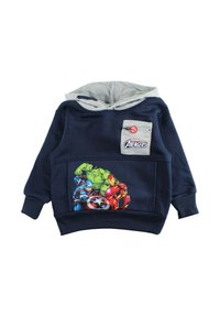 Sweat à capuche bleu marine avec capuche grise, doté d'une poche avant et d'un graphique des personnages des Avengers. Tissu doux, poignets et ourlet côtelés.