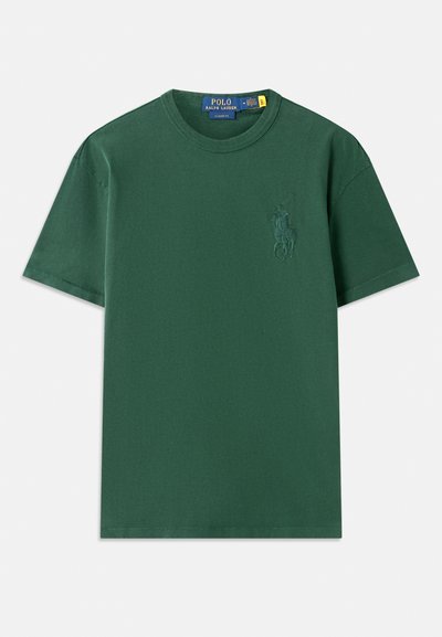 T-shirt de algodão verde com um corte clássico, apresentando um logo bordado discreto no peito. Gola redonda e mangas curtas.
