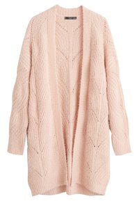 Vaaleanpunainen neulecardigan, avoin etuosa, pitkät hihat, joissa on teksturoitu kuvio lehtimuodoilla. Pehmeä kangas, rento malli.