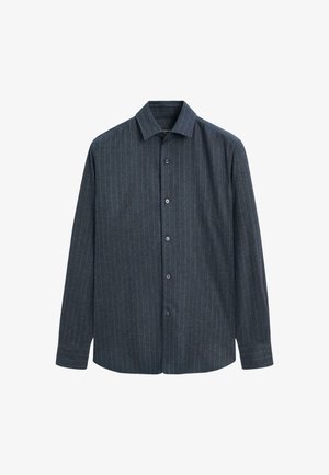 Men's dark blue button-up shirt with vertical pinstripes, long sleeves, and a classic collar. Made of fabric with a smooth texture.