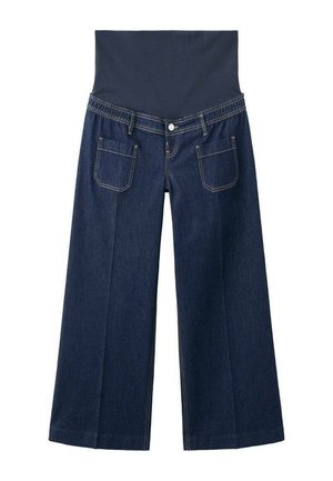 Dark blue wide-leg maternity jeans with elastic high waistband and two front pockets, tailored for comfort and support.
