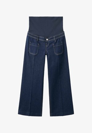 Ciemnoniebieskie szerokie jeansy ciążowe z elastycznym wysokim pasem i dwoma przednimi kieszeniami, zaprojektowane z myślą o komforcie i wsparciu.