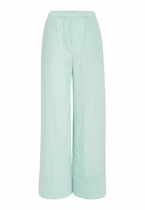 Light mint green wide-leg pants with white vertical stripes, featuring an elastic waistband and a smooth fabric texture.