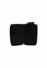 Portafoglio in pelle nera con chiusura a zip, dotato di sei scomparti per carte e un interno testurizzato. Gli accessori in oro arricchiscono il design.