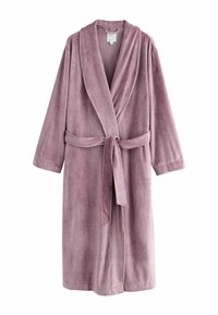 Pehmea, kerge, lilla vannituba, millel on šaalikaelus, vöö ja tekstuuriga kangas. Pikad varrukad ja keskmise pikkusega disain mugavaks kandmiseks.