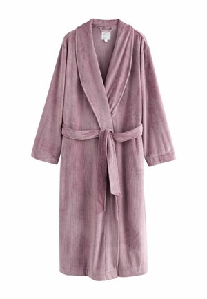 Weicher, leichter, mauvefarbener Bademantel mit Schalkragen, Gürtel und strukturierter Oberfläche. Lange Ärmel und mittellange Passform für angenehmen Tragekomfort.