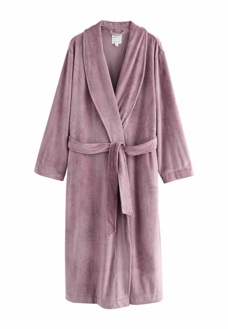 Pehmea, kerge, lilla vannituba, millel on šaalikaelus, vöö ja tekstuuriga kangas. Pikad varrukad ja keskmise pikkusega disain mugavaks kandmiseks.