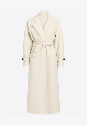 Ecru trenchcoat van gestructureerde stof met een double-breasted ontwerp, tailleband en knoopaccenten op de manchetten. Middenlange silhouet.