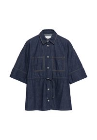 Dunkelblaue Jeans-Hemd mit kurzen Ärmeln, vorderen Knöpfen, zwei Brusttaschen, Kragen und einem Taillenzugband.