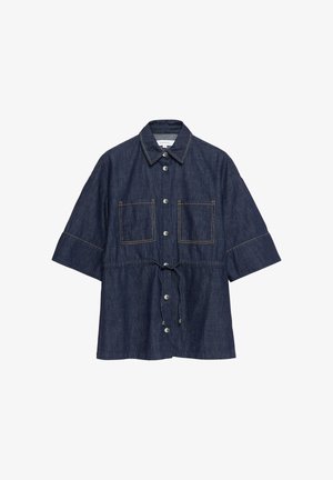 Dark blue denim short-sleeve shirt with front buttons, two chest pockets, collar, and a waist drawstring tie.
