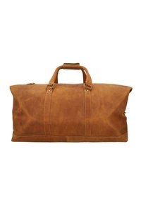 Hnědá kožená cestovní taška s hladkým povrchem, obdélníkovým tvarem, dvojitými uchy a zipovým uzávěrem. Disponuje viditelným šitím a kovovými akcenty.