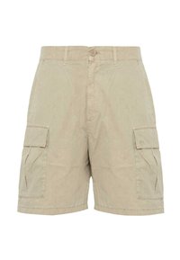 Pantaloni cargo beige con chiusura a pulsante, passanti per cintura e grandi tasche a soffietto su ciascun lato.