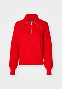 Pullover rosso a maglia con colletto ampio e zip metà argento, caratterizzato da polsini e orlo a coste, presentato frontalmente su uno sfondo neutro.