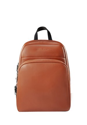 Brown leather backpack with a smooth texture, featuring a top handle, front zip pocket, and subtle logo embossed on the front panel.
