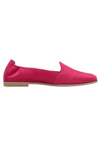 Chaussure à enfiler en cuir mat rose avec une semelle plate, un bout pointu et un design minimaliste. Rehaussée d'un talon de couleur naturelle.