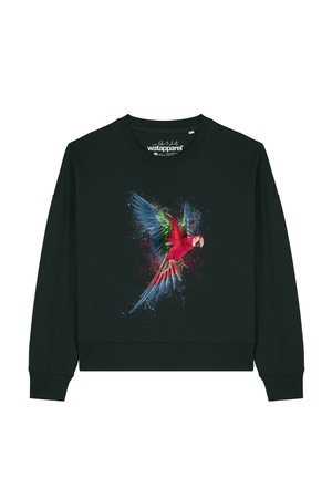 Sweat noir avec motif graphique coloré d’un perroquet volant en rouge, vert et bleu en design de peinture éclaboussée centré sur le devant.