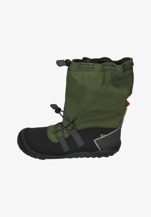 Water-resistant black textile boot with a green fabric upper, adjustable drawstring, and rubber sole. Features gray accents and side logo detail.