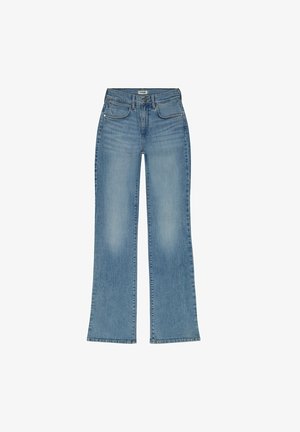 Light blue denim flared jeans with a classic five-pocket design, featuring a button and zipper fly, and subtle fading on the fabric.