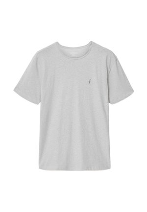 Camiseta de manga corta y cuello redondo de color gris claro con un pequeño logo oscuro en el pecho izquierdo, mostrada sobre un fondo blanco.