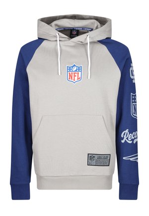 Hættetrøje i lys grå med marineblå raglanærmer, med NFL-logo, kængurulomme og hvide snore.