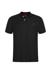 Black polo shirt made of cotton, featuring a three-button placket, short sleeves, and a small red logo on the left side.