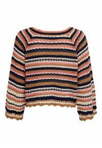 Gestreifter Strickpullover in den Farben Marineblau, Pink, Creme und Braun. Kurzes Design mit strukturiertem Häkelmuster und geschwungenem Saum.