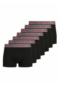 Schwarze Boxershorts mit grauem elastischem Bund, auf dem roter "JACK & JONES"-Text zu sehen ist; mehrere Paare nebeneinander angeordnet.