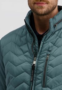 Man in een teal gequilt jack met zwarte ritsen en een ritssluiting op de borst, over een donker shirt, toont de onderkant van het gezicht en een baard.