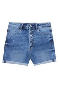 Ljusblå denimshorts med knappgylf, fem fickor och fransad fåll. Slät textur med en klassisk skärning.
