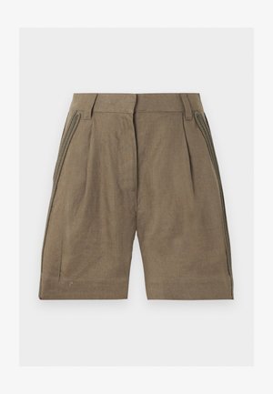 Καφέ σορτς με ψηλή μέση, θηλιές για ζώνη, πιέτες και πλεκτές λεπτομέρειες κατά μήκος των πλαϊνών ραφών.