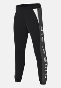Black athletic pants with an elastic waistband, side white and gray panels, and large "NIKE AIR" text printed in white along the leg.