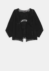 Sort blonder kimono med kompleks trim, åben front og brede ærmer, der har en gennemsigtig tekstur og blomster mønster langs kanterne.
