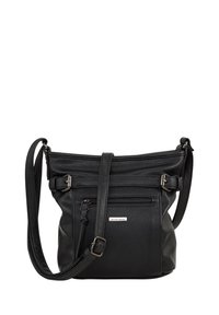 Schwarze Leder-Crossbody-Tasche mit strukturiertem Finish, verstellbarem Gurt, Reißverschluss oben und Vorderseite mit Reißverschlusstasche und metallischen Akzenten.
