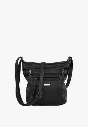 Zwarte leren schoudertas met een gestructureerde afwerking, verstelbare schouderriem, bovenste ritssluiting en voorkant met ritssluiting en metalen accenten.