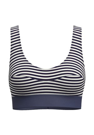 Sport-BH in Marineblau und Weiß mit breiten Schulterträgern und festem Marineblauem Elastikband unten.