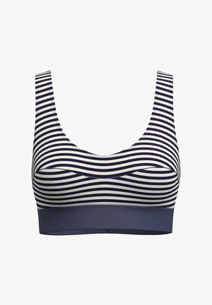 Brassière de sport rayée bleu marine et blanche avec de larges bretelles et une bande élastique unie bleu marine en bas.