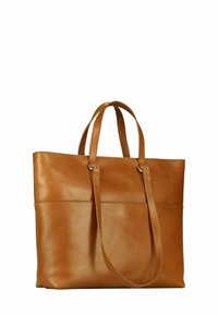 Tan leather tote bag with two handles, smooth texture, structured shape, featuring a front pocket and subtle brand logo.