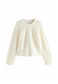 Maglione chunky color crema con scollo rotondo, motivo testurizzato e orlo a costine. Maniche lunghe e vestibilità ampia.