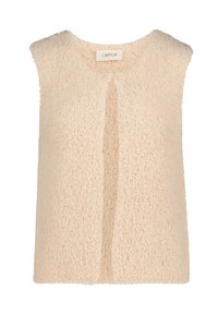 Beige ärmellose Weste aus strukturiertem Stoff, mit lockerer Passform und Rundhalsausschnitt sowie offenem Frontbereich. Weiche und flauschige Oberfläche.