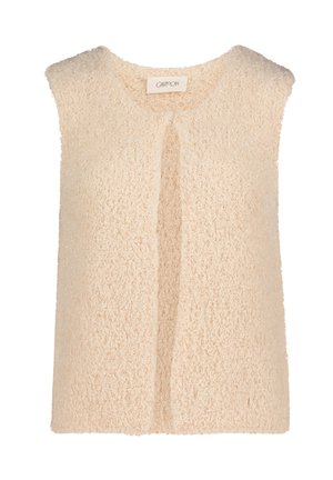 Beige ärmellose Weste aus strukturiertem Stoff, mit lockerer Passform und Rundhalsausschnitt sowie offenem Frontbereich. Weiche und flauschige Oberfläche.