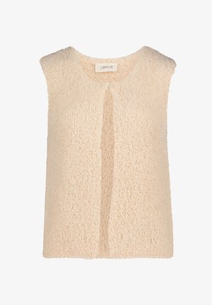 Beige ärmellose Weste aus strukturiertem Stoff, mit lockerer Passform und Rundhalsausschnitt sowie offenem Frontbereich. Weiche und flauschige Oberfläche.