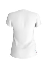 White short-sleeve t-shirt with a round neckline and a smooth texture. Features a small, teal logo on the lower right side.