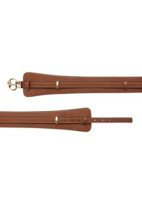 Pruun nahast vöö, millel on sile tekstuur, kullatooni riistvara ja õmbluse detailid. Omab ümmargust pandlat ja reguleeritavaid auke.