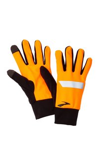 Orange gloves with black accents, featuring reflective stripes and textured fingertips for grip. Made of breathable, stretchable material.